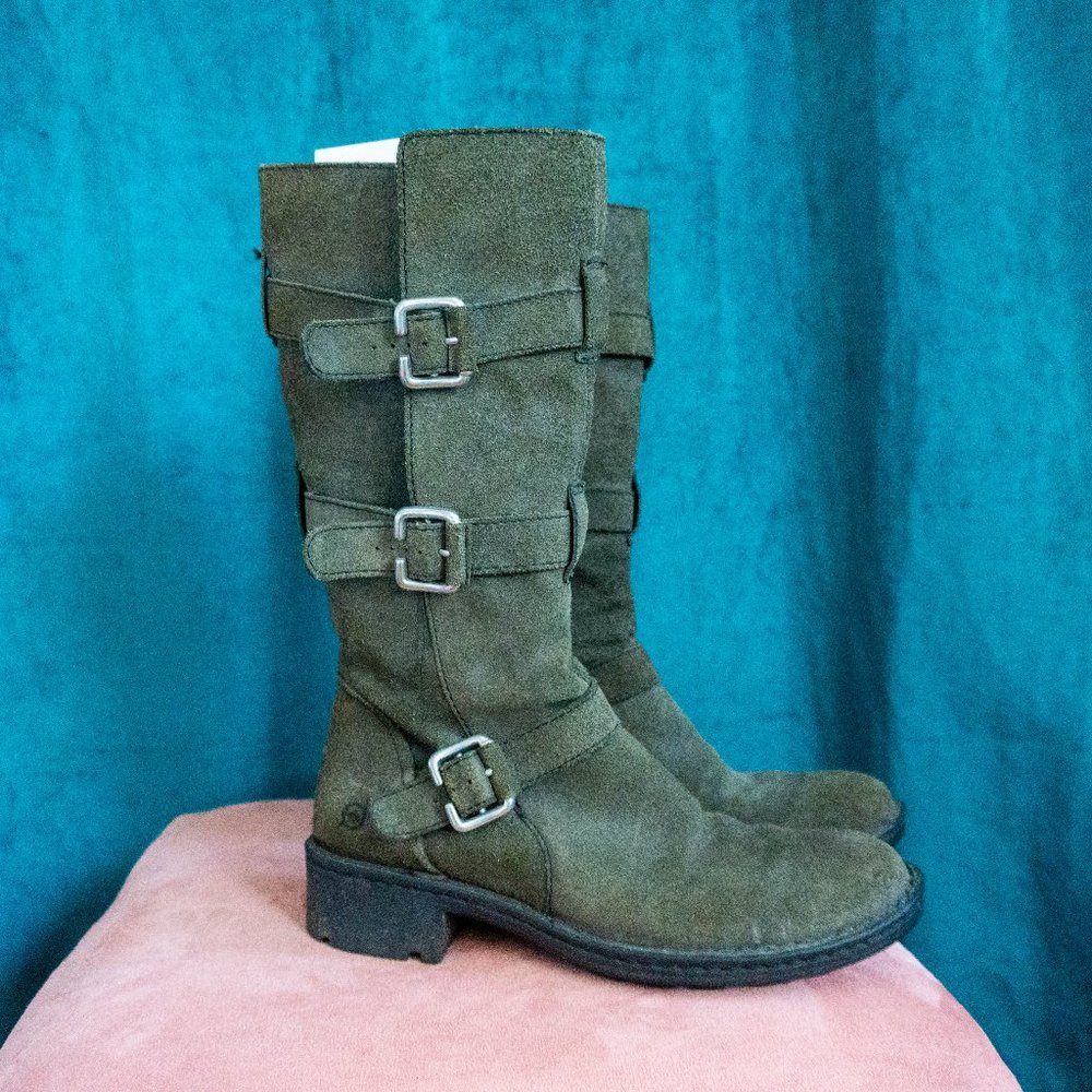 Børn Tessa Triple Buckle Green Suede Boots - Size 8